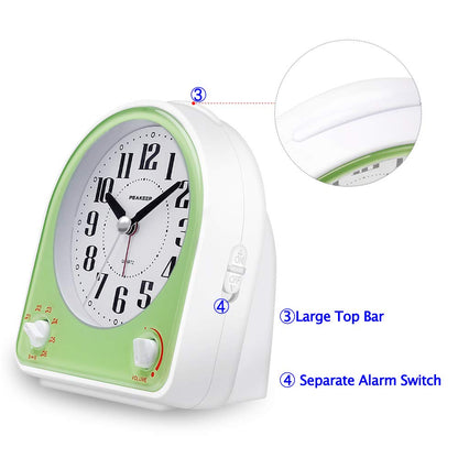 Peakeep Analog Alarm Clock Non-Ticking Silent, Optional 7 Wake-up Sounds with Volume Control, Nightlight and Snooze, AA Battery Operated (Green)