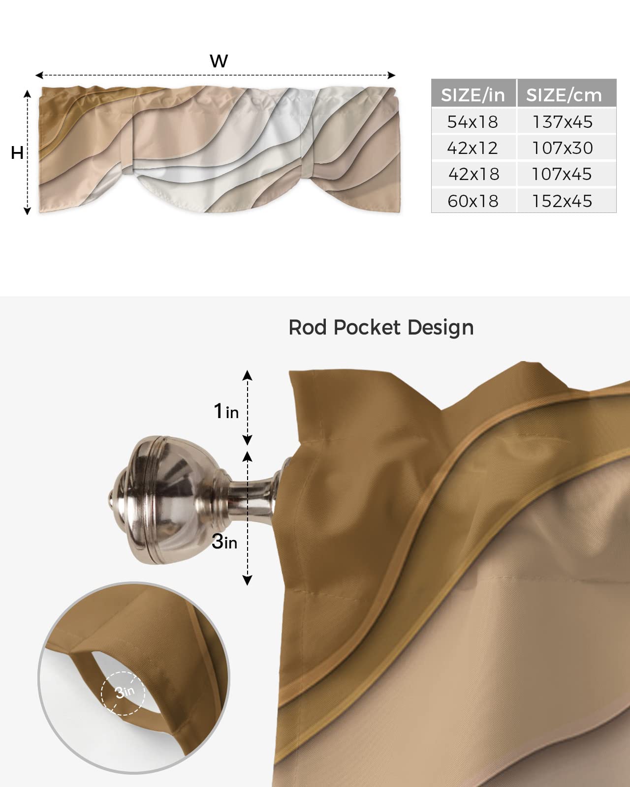 Brown Ombre Tie Up Valance Curtain for Kithchen Windows Brown and White Gradient Modern Abstract Geometric Adjustable Ties Valance Tier Curtain Rod Pocket Valances for Bedroom/Living Room, 54x18in