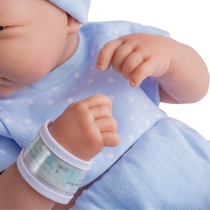 La Newborn Boutique 14" Realistic Baby Doll – 9-Piece Layette Gift Set, Soft Vinyl, Posable Limbs, Lifelike Detail – Anatomically Correct Real Boy in Blue (Berenguer / JC Toys)