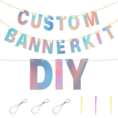 TaoBary 112 Pcs DIY Letter Kit Glitter Customizable Banner Letters Include 107 Letters and Numbers 3 Rope and 2 Needles for Birthday Halloween Christmas Wedding Valentine Party Decor(Holographic)