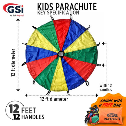 GSi Kids Play Parachute Rainbow Parachute Toy Tent Game for Children Gymnastics Cooperative Play and Outdoor Playground Activities (12 Feet)