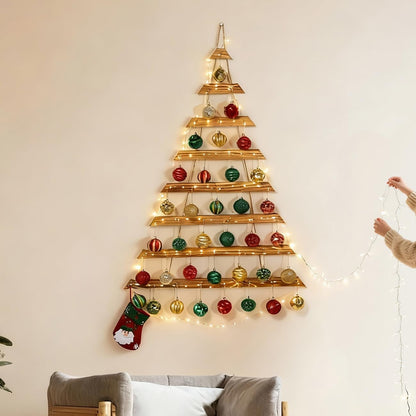 SOONOW 44" Wall Hanging Christmas Tree with Remote LED Lights and 36 Ornaments, Lighted Wood Christmas Tree for Living Room, Bedroom Holiday Wall Decor