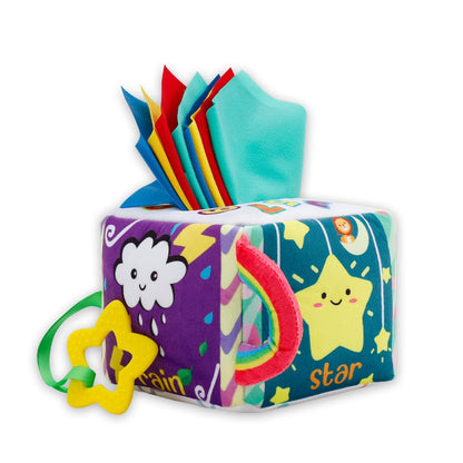 Vamotto Tissue Box Toy for Baby, Montessori Sensory Pull Toy with 12 Durable Cloth Scarves & Crinkle Paper for 6-12 Months Infants, Early Learning Educational Motor Skills Development Gift