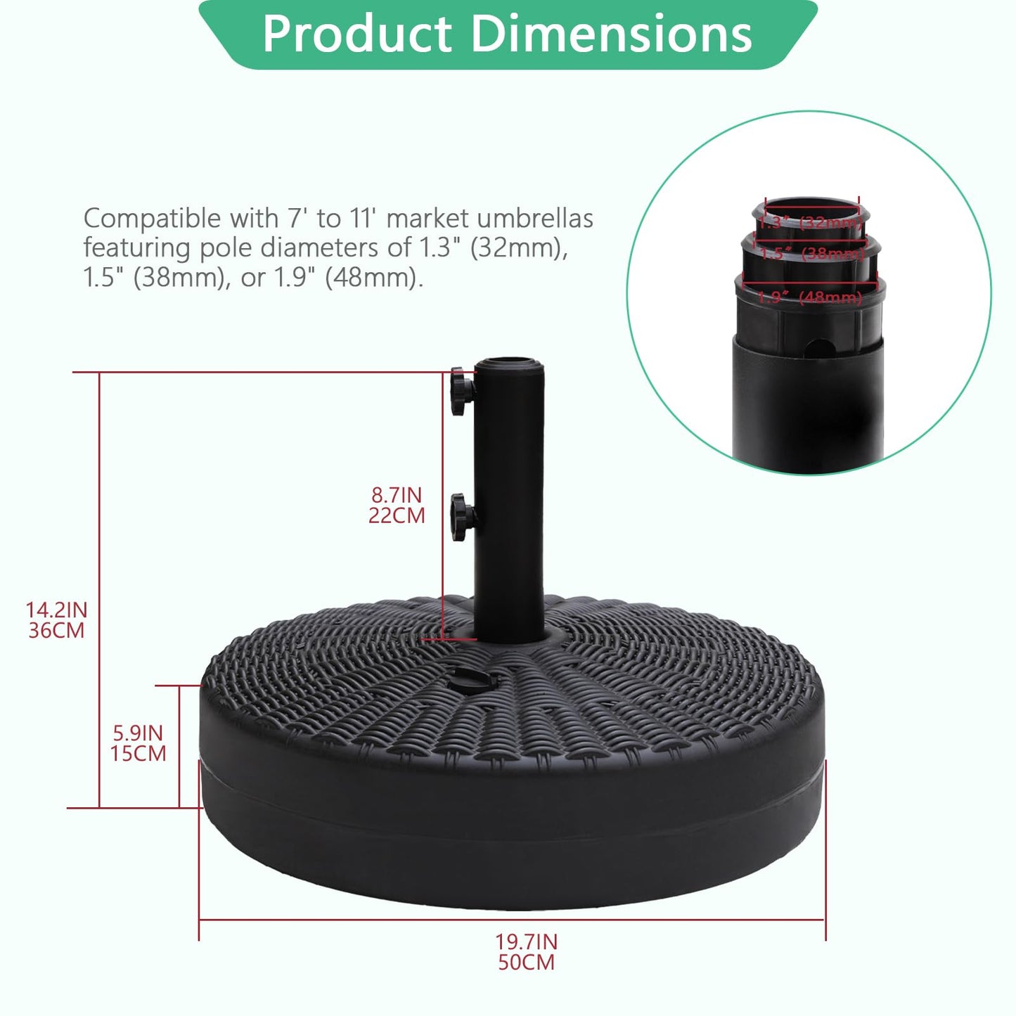 Helios&Hestia 88 lb Heavy Duty Round Plastic Water and Sand Fillable Outdoor Umbrella Base Stand Weight for Patio Market Table Umbrella, Black