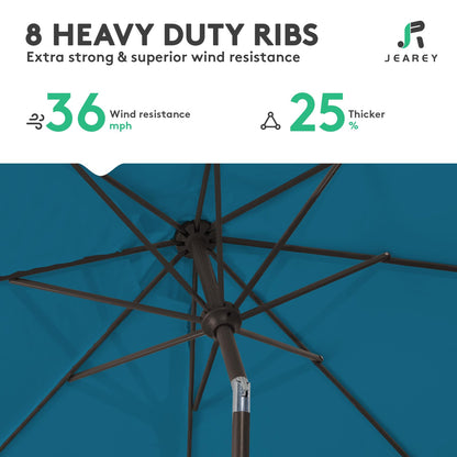 JEAREY 10FT Outdoor Patio Umbrella Outdoor Table Umbrella with Push Button Tilt and Crank, Market Umbrella 8 Sturdy Ribs UV Protection Waterproof for Pool, Garden (Lake Blue)