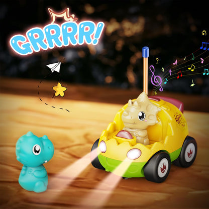 Kidz do 2 Pack Dinosaur Remote Control Cars for Toddlers 2 3 4 5 Years Old - Easter Birthday Gift Ideas for Boys Ages 2-5, Kids Dino Toys RC Vehicle with Lights and Music for Family Fun(Yellow Green)