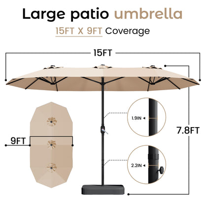 DomeShade 15ft Patio Umbrella with Base,Large Outdoor Double-Sided Rectangle Umbrella with Crank Handle, Market Umbrella for Poolside Garden Deck Backyard Beach Pools, Beige
