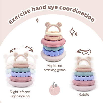 CuddleCubs Creations Baby Bear Teething & Stacking Toy Set - Teething Toys Silicone Teethers, Soft Baby Stacker Rings Teether, Learning Toy Gift for Boys and Girls 6+ Months (Beige)