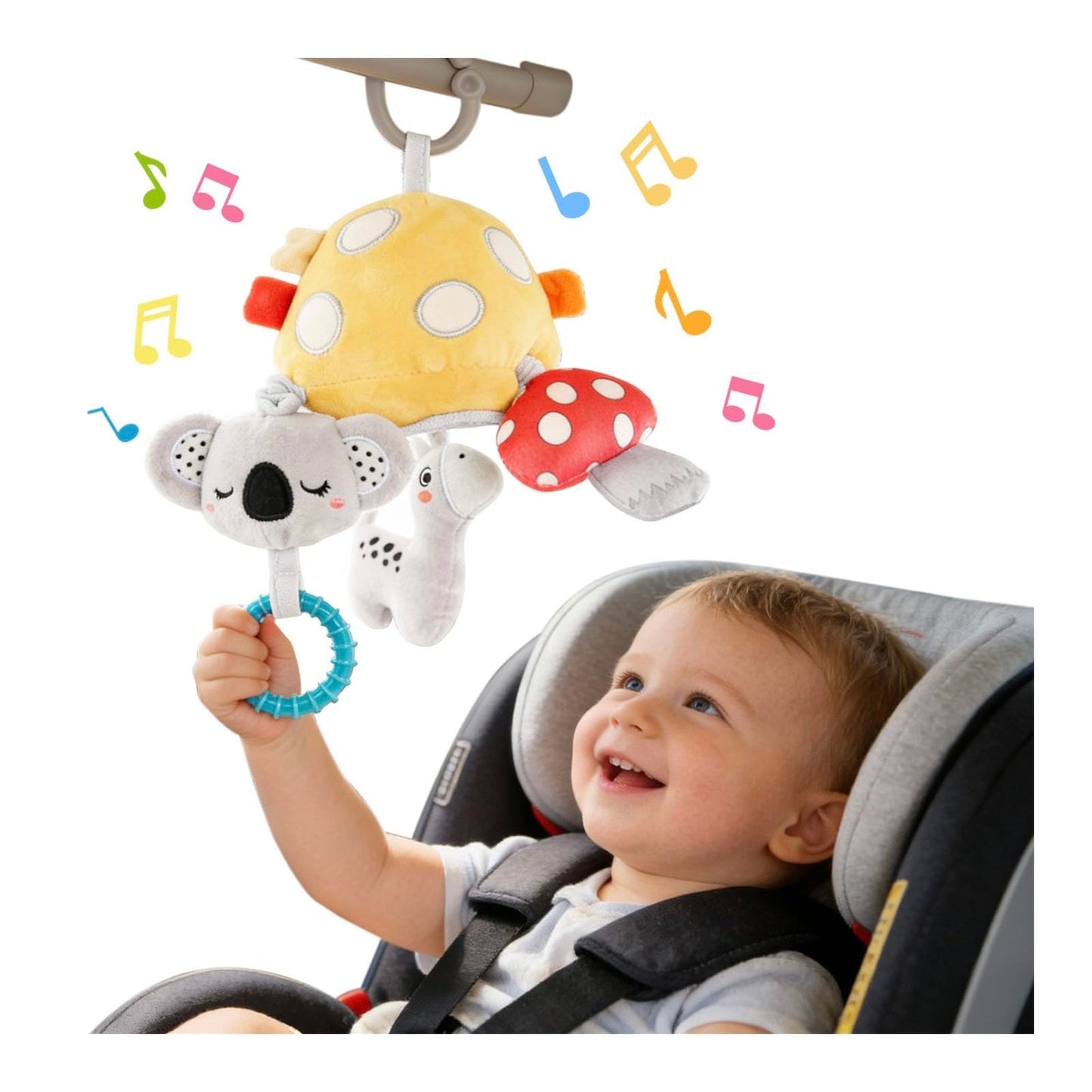 littlove Musical Baby Pull Vibration Toy for Car Seat 6-12 Months, Travel Sensory Toy 3 Months, Montessori Plush Toys for Roadtrip with Crinkle Textures Flutter Squeaky Mirror Newborn Infant Gift