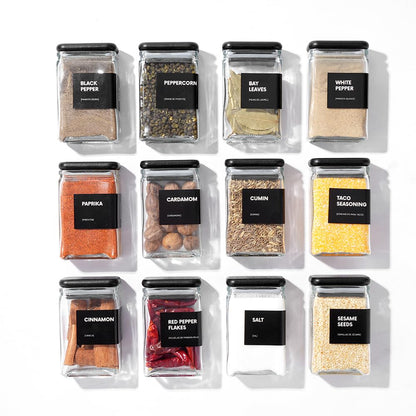 APT 1101 Glass Storage Jars with Bamboo Lid, glass canisters with airtight lids, Clear jars with lids for Spice, Cookie, Candy, Tea, Coffee Bean and Rice (Black, Spice Jar Set (4 oz, set of 12))