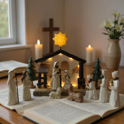 WANCHIY Nativity Set Indoor Christmas Decoration- 13 Pieces Nativity Scene with Manger for Nativity Scene Indoor Use, The Nativity Story Figures- Christian Religious Nativity Sets & Figures (Classic)