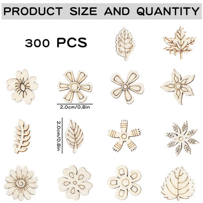 300 Pcs Wooden Embellishments Mixed Flower Leaf Pattern Wooden Scrapbooking DIY Handmade Crafts Children DIY Graffiti Home Decor