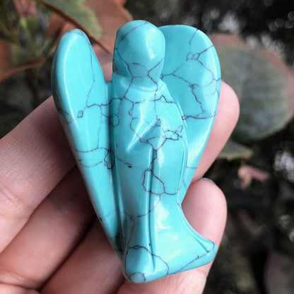 favoramulet 2 Inches Synthetic Green Howlite Turquoise Crystal Pray Guardian Angel Statue, Carved Healing Peace Angel with Wing Figurine Pocket Stone