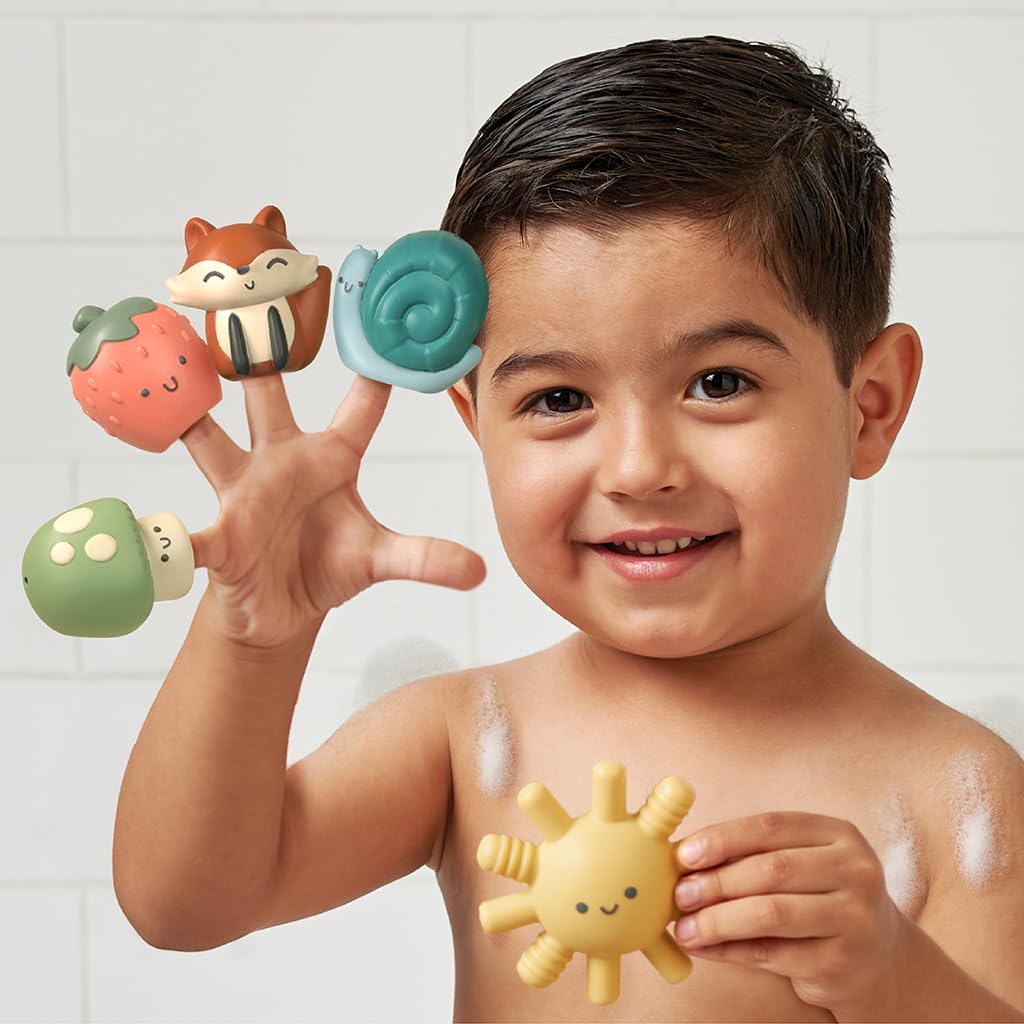 Itzy Ritzy Finger Puppet Bath Toy Set– 5-Piece Set Includes 4 Soft Finger Puppets & 1 Water-Squirting Bath Toy – Fun Characters Offer Interactive & Imaginative Play – for 6 Months and Up - Multicolor