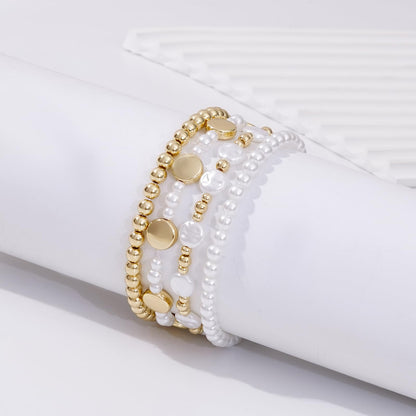Sajidos Gold Plated Beaded Bracelets for Women Trendy, 14K Gold Plated Stack Cross Pearl Gold Plated Bead Stretch Bracelets Set Elastic Hypoallergenic Bracelets Jewelry Gifts