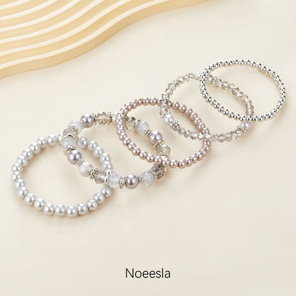 Noessla Beaded Pearl Stretch Bracelet Silver Stackable Crystal Beads Bracelets Trendy Costume Jewelry Mothers Day Gifts for Women(Grey)