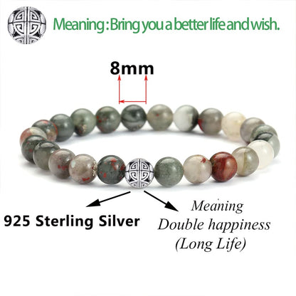 MetJakt Healing Crystals Beaded Bracelets for Womens Natural Gemstone 8mm Beads Stretch Bracelets with 925 Sterling Silver Double Happiness Pendant (African blood stone)