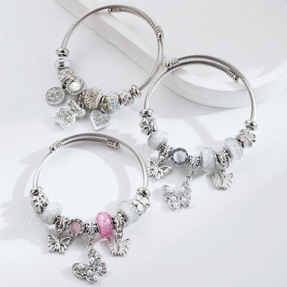 QMWKVNC Charm Bracelets for Womens,Exquisite Cute Cartoon Friendship Silver Bracelets Stainless Steel Bangle, Womens Jewelry Suitable for Holiday Gifts and Birthday Gifts