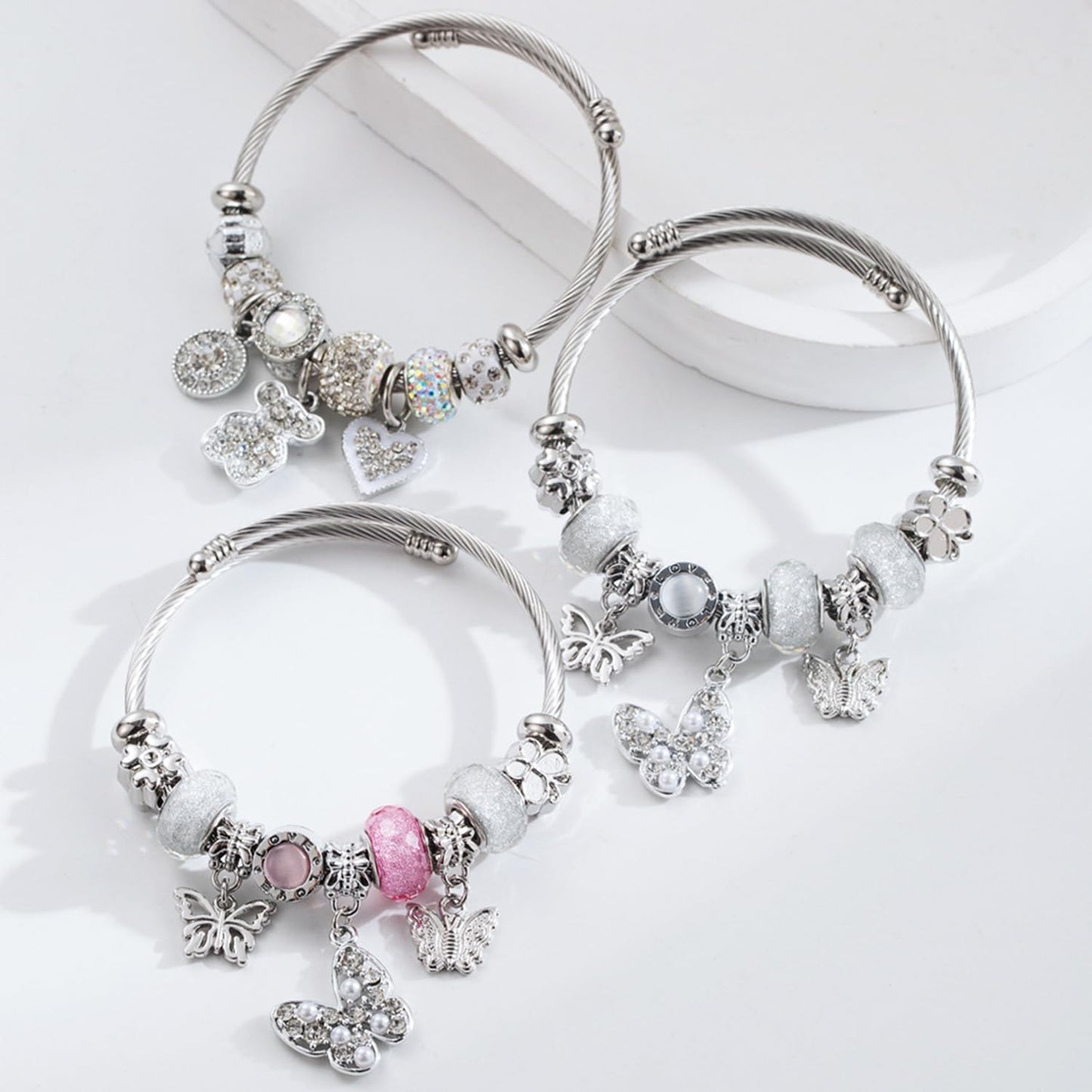 QMWKVNC Charm Bracelets for Girls,Exquisite Cute Cartoon Friendship Silver Bracelets Stainless Steel Bangle, Girls Jewelry Suitable for Holiday Gifts and Birthday Gifts (Bracelets-C)