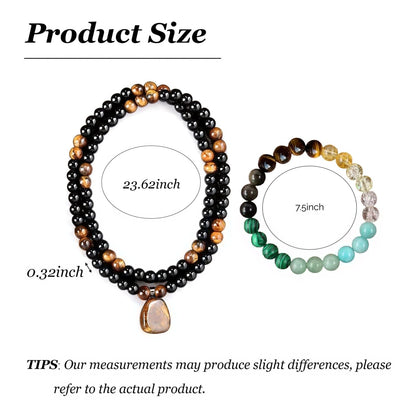 Money Necklace Bracelet Jewelry Set for Women Men Money Attraction Green Beaded Tiger Eye Feng Shui Good Luck Wealth Jade Healing Crystal Stone Long Sweater Chain Anniversary Vacation Jewelry Gifts