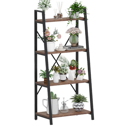 BON AUGURE Industrial Ladder Shelf Bookcase, 4 Tier Rustic Ladder Bookshelf, Standing Leaning Book Shelves for Living Room (Rustic Oak)