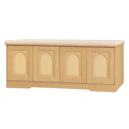 DINZI LVJ Shoe Bench, Entryway Storage Bench with Doors, Cushion, 2-Tier Shoe Rack with 8-Cubby, 47.2”L x 13.8”W Shoe Organizer Cabinet, Adjustable Shelf, Living Room, Bedroom, Natural with Rattan