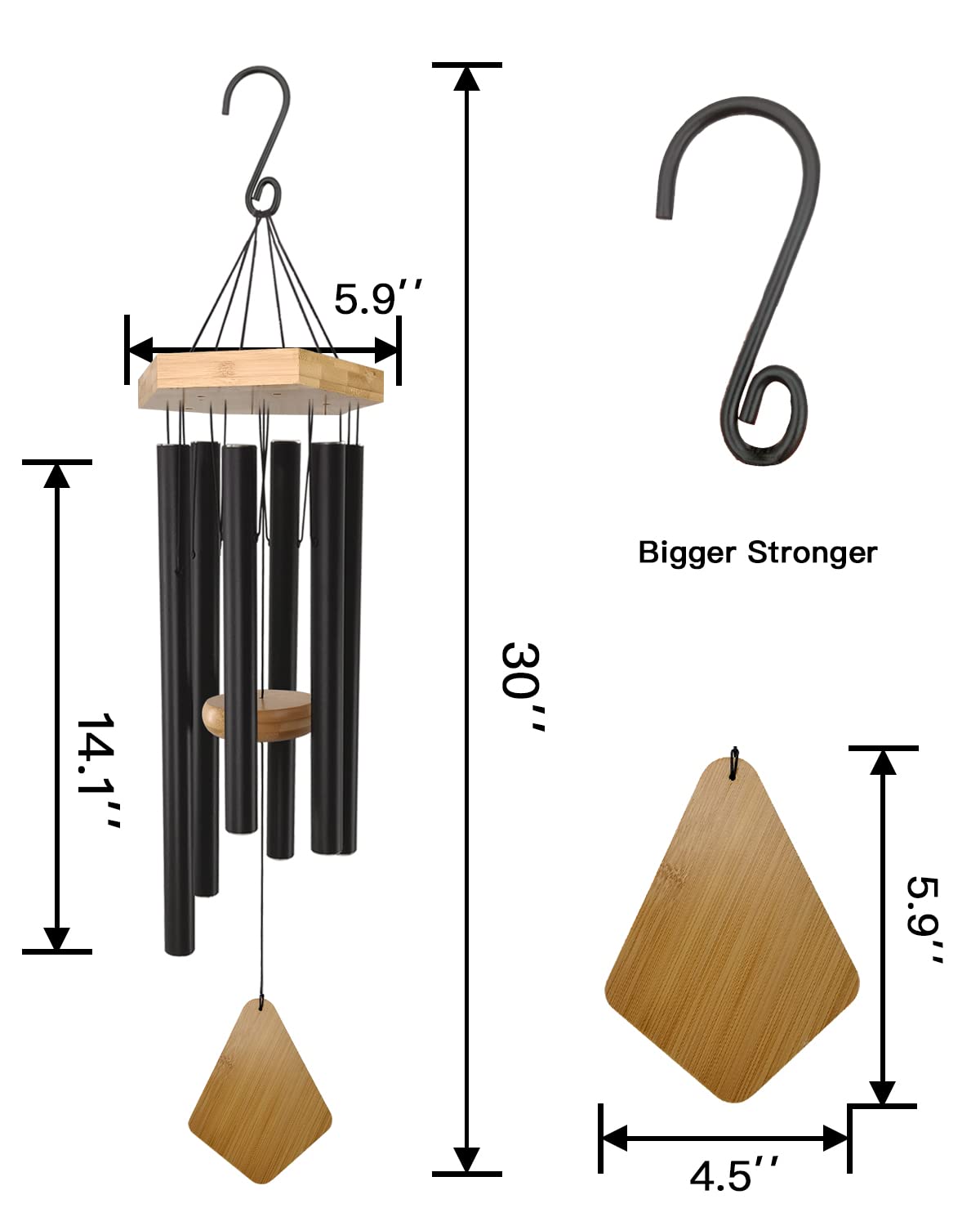 Wind Chimes 30 Inches Deep Tone Memorial Wind Chimes with Hook for Mother's Day/Housewarming/Christmas, Patio, Garden, Yard, Home Decor, Black