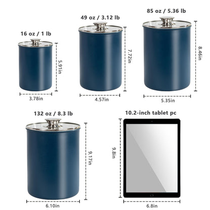 malmo Stainless Steel Food Canister Set of 4-Piece, 16/49/85/132 Ounces,Airtight Containers with Glass Lid for Tea,Coffee,Sugar,Flour,Pantry Kitchen Storage Storeroom Counter (Blue)