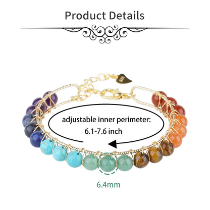 ASGIFT 7 Chakra Bracelet Adjustable 14K Gold Wire Wrapped Gemstone Beads Bracelet Natural Crystal Stone Yoga Meditation Bracelets Jewelry Gift for Women