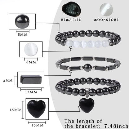 Vinswet Healing Crystal Beaded Bracelets for Women,Natural Hematite Moonstone Gemstones Bracelet,Anxiety Stress Relief Heart Charm Bracelet Handmade Black Jewelry Gifts for Women (3pcs)