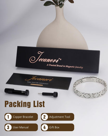 Jecanori Magnetic Copper Bracelet for Women With 3500 Gauss Magnets, Heart-Leaf Copper Bracelet, Premium Fold-Over Clasp,Silver