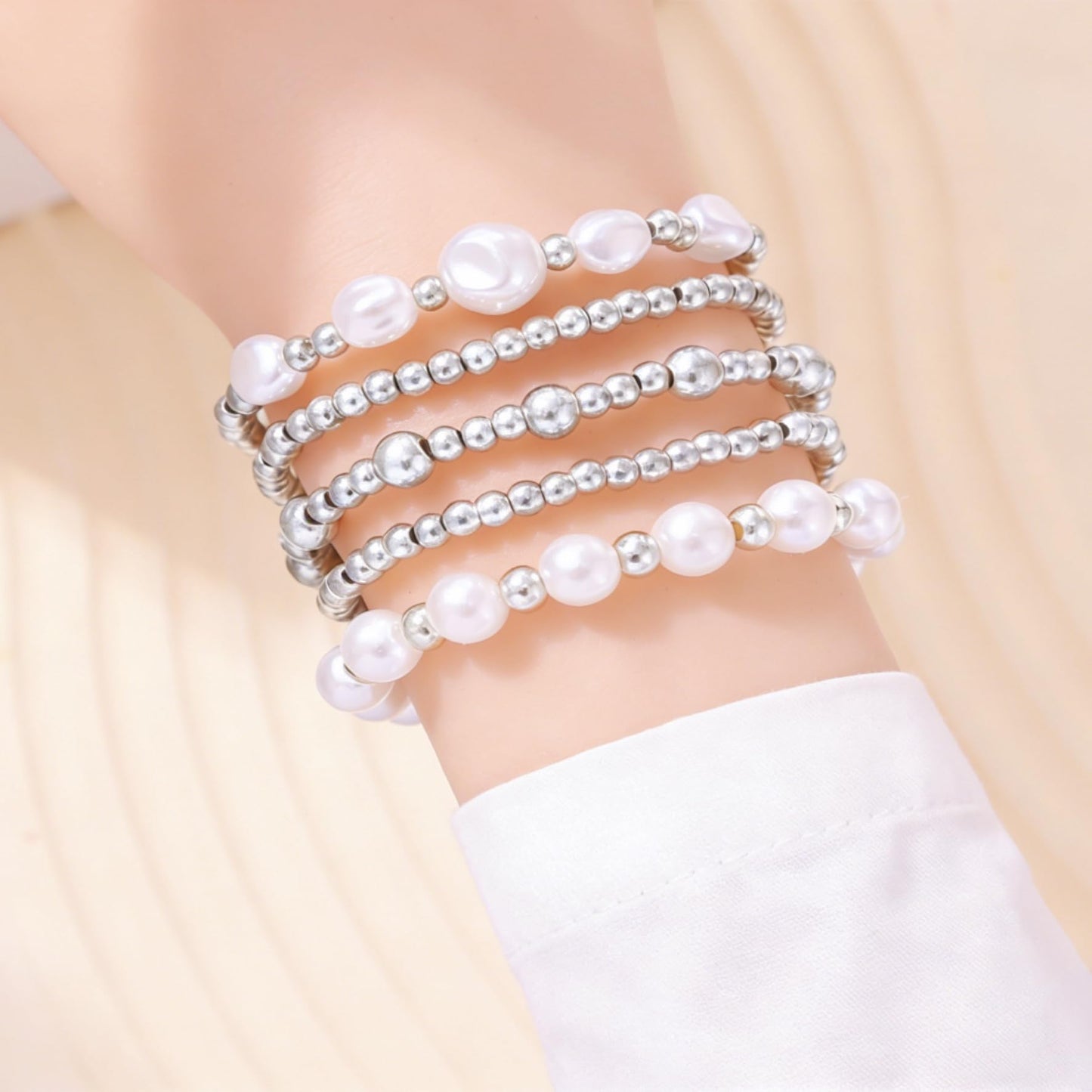 YAKEWA Gold Silver Beaded Bracelets Pack For Women, Adjustable Stretch Pearl Bead Ball Bracelet Stack Set Jewelry Small Gifts For Teen(Silver)