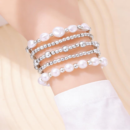 YAKEWA Gold Silver Beaded Bracelets Pack For Women, Adjustable Stretch Pearl Bead Ball Bracelet Stack Set Jewelry Small Gifts For Teen(Silver)