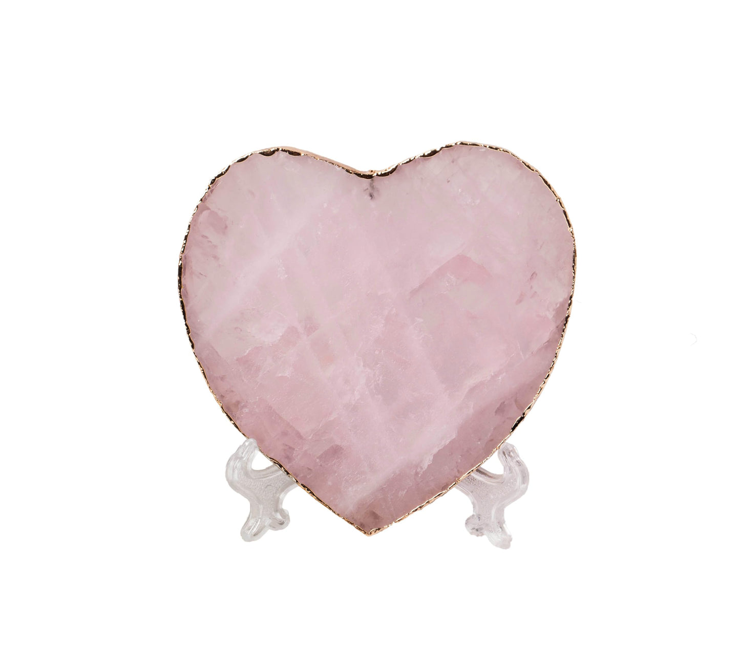 AMOYSTONE Large Heart Stone Rose Quartz Healing Crystals Birthday Gifts for Women, Natural Reiki Meditation Pink Crystal Gilded Edge Heart Shaped 3.5-4"/pc with Plastic Bracket