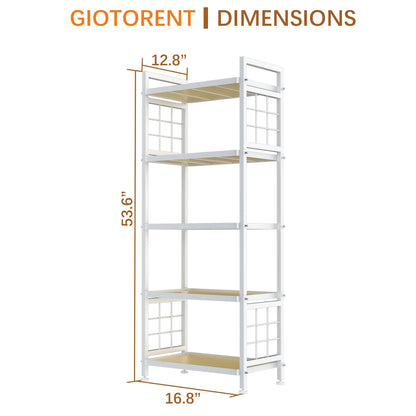 GIOTORENT 5-Tier Pantry Shelves with Wooden Boards, Heavy Duty Storage Shelves & Book Shelf, Adjustable Metal Shelving Unit for Kitchen Bathroom Laundry Organizer, Sturdy Rust-Resistant, White