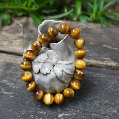 TaHLga Golden Tigers Eye Crystal Bracelet for Men Women 12mm |Natural Solar Plexus Chakra Stone | Bring Wealth & Protection | Fits for Large Wrist 8-8.5" | Come with Box & Pouch