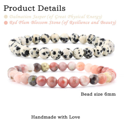 NCB 2-Piece 6mm Natural Crystal Gemstone Stretch Bracelets – ﻿Dalmation Jasper, Red Plum Blossom Stone Handmade Reiki Energy Healing Jewelry for Meditation,Yoga, Unisex