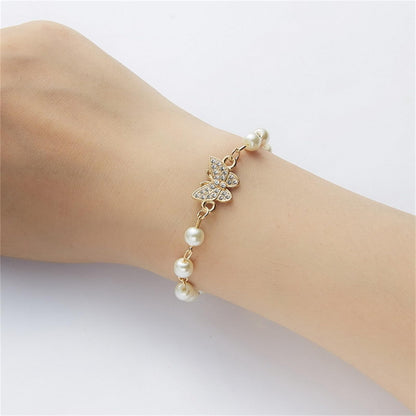 Dreuyet Pearl Beaded Bracelet for Women Trendy Cubic Zirconia Butterfly Starfish Cross Star Statement Bracelets Christmas Wedding Jewelry Gifts (butterfly)