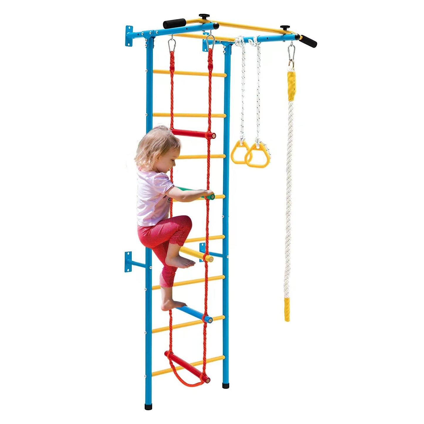 TONGMO Indoor Climbing Playground, Jungle Gym for Kids, Metal Swedish Ladder & Climbing Wall Playset, Sturdy Playground with Rope Ladder, Pull-up Bar, and Gymnastic Rings