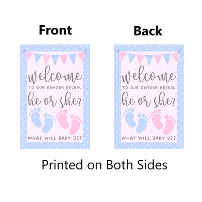 He or She Garden Flag 12x18" Double Sided Pink and Blue Flag Gender Reveal Yard Flag Boy or Girl Baby Footprint Welcome Banner Pregnancy Announcement Baby Shower Decor Gender Reveal Party Supplies