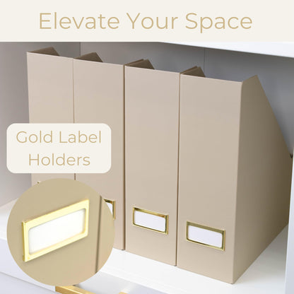 BLU MONACO | Set of 6 Foldable Taupe Magazine File Holders with Label Holders | Vertical File Organizer & File Storage Boxes for Desk, Shelves & Home Office
