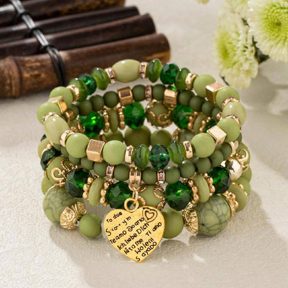 Jewellify Stackable Beaded Bracelets for Women Retro Tassel Multi-Layer Mixed Color Beaded Bracelet Bangles Set Gemstone Woven Female Jewelry Bracelet (Green)
