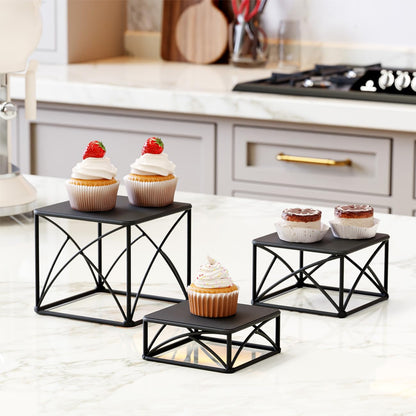 BYCY Dessert Tabletop Risers 6 Inch White Square Matte Wire Nesting Cupcake Risers Display Stand Shelf for Catering Collectibles Jewelry Figures Show , Set of 3 (Black)