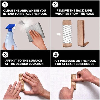 Indian Shelf Boho Wood Adhesive Wall Hooks - 3 Pack Decorative Peel and Stick Key Hooks - Unique Wall Hangers for Bathroom & Entryway