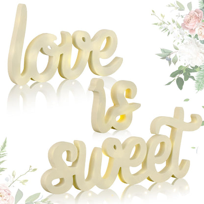 Glooglitter 3 Pcs Love Is Sweet Table Decor Wooden Love Is Sweet Sign LED Hollow Sign for Dessert Freestanding Letter Shelf Rustic Wedding Bridal Shower Engagement Bachelorette Party Decor(Beige)