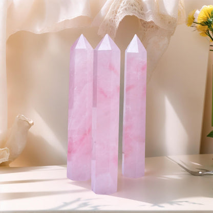 RUIJINGYUAN Rose Quartz Crystal Tower 6-6.3" - 6 Faceted Single Point Crystal Wand for Chakra, Reiki, Meditation & Energy Healing Home Decor Gift