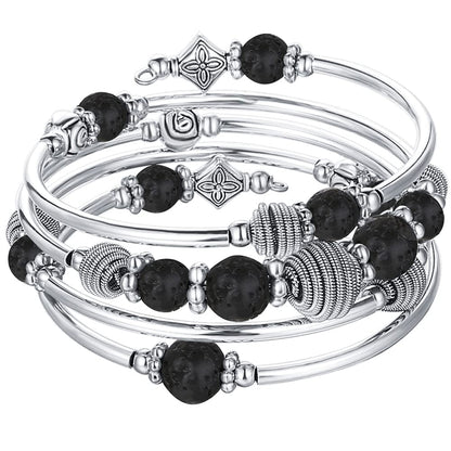 PEARL&CLUB Beaded Chakra Bangle Turquoise Bracelet - Fashion Jewelry Wrap Bracelet with Thick Silver Metal and Mala Beads, Birthday Gifts For Women(Lava stone)