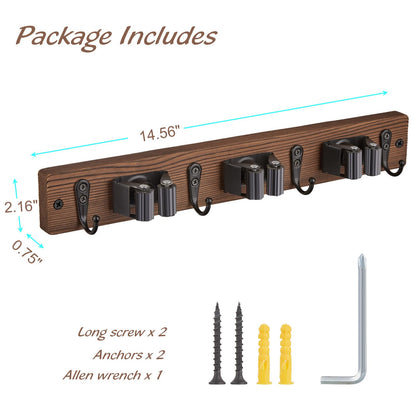 OUTNILI Mop Broom Holder Wall Mount with 3 Slots & 4 Hooks - Wood Broom Mop Hanger for Pantry Kitchen Organization - Garden Tool Organizer for Closet Laundry Room - for Rustic Farmhouse Kitchen Decor