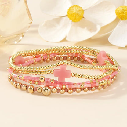 Bohxantium 14K Gold Plated Beaded Stretch Bracelets Stack Set for Women- Pink Stackable Elastic Waterproof Boho Style with Cross Bracelet - Colorful Seed Beads Jewelry Christian Faith Summer Gift