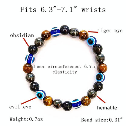WEFRIN Evil Eye with Hematite Black Obsidian Tiger Eye Stone Triple Protection Bracelets for Men Women, Crystal Jewelry Stone Bracelets Bring Luck and Prosperity and Happiness 8mm Beads